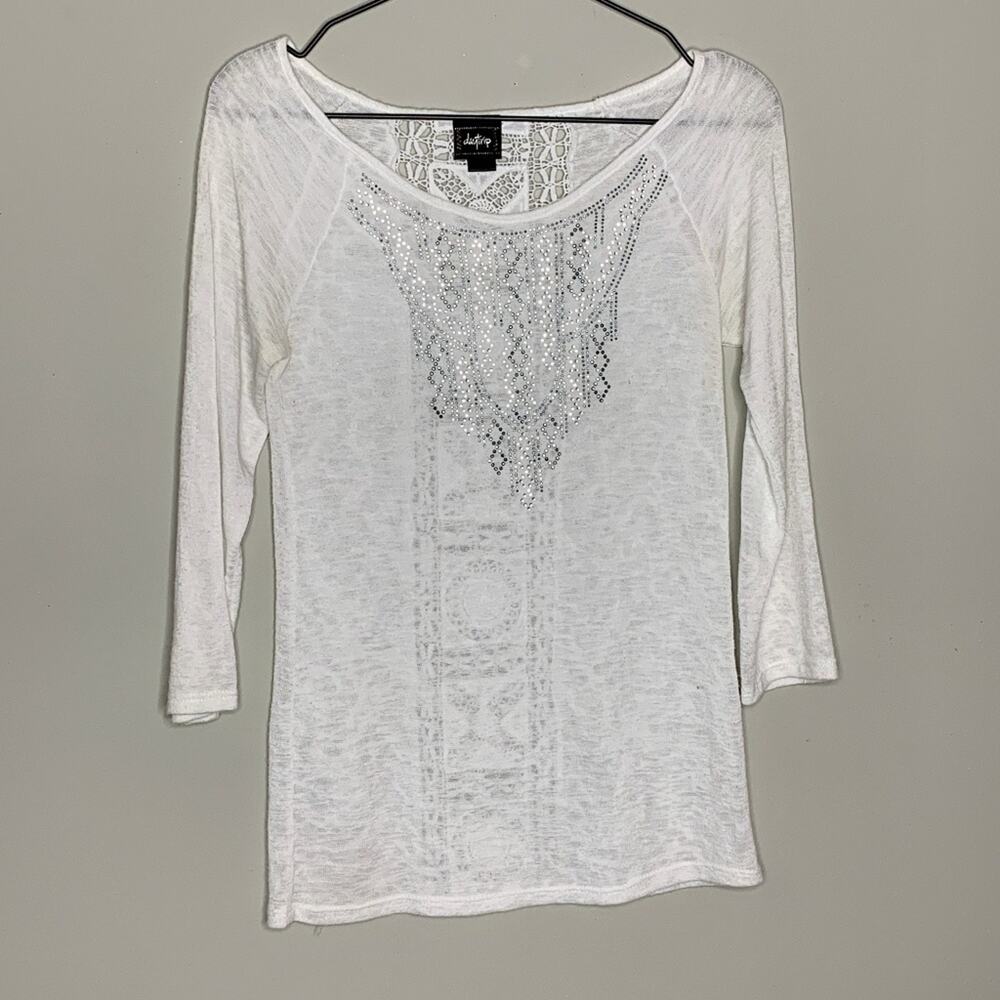 Daytrip Womens White Burnout Crochet Lace Back Rhinestone 3/4 Sleeve Top Small